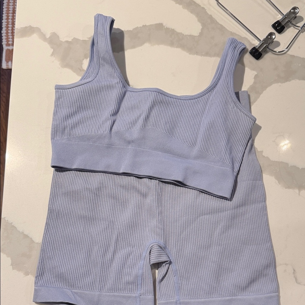 Light Blue Ribbed Tank and Shorts Set